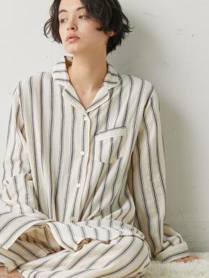マタニティ パジャマ・ルームウェア|【授乳しやすい】【産前産後対応パンツ付】ストライプダブルガーゼパジャマ|オフホワイト×ネイビー