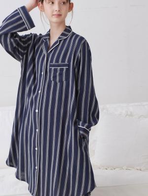 マタニティ パジャマ・ルームウェア|【授乳しやすい】【産前産後対応パンツ付】ストライプダブルガーゼパジャマ|ネイビー×オフホワイト