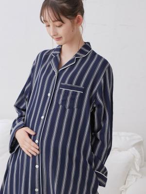 マタニティ パジャマ・ルームウェア|【授乳しやすい】【産前産後対応パンツ付】ストライプダブルガーゼパジャマ|ネイビー×オフホワイト