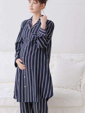 マタニティ パジャマ・ルームウェア|【授乳しやすい】【産前産後対応パンツ付】ストライプダブルガーゼパジャマ|ネイビー×オフホワイト