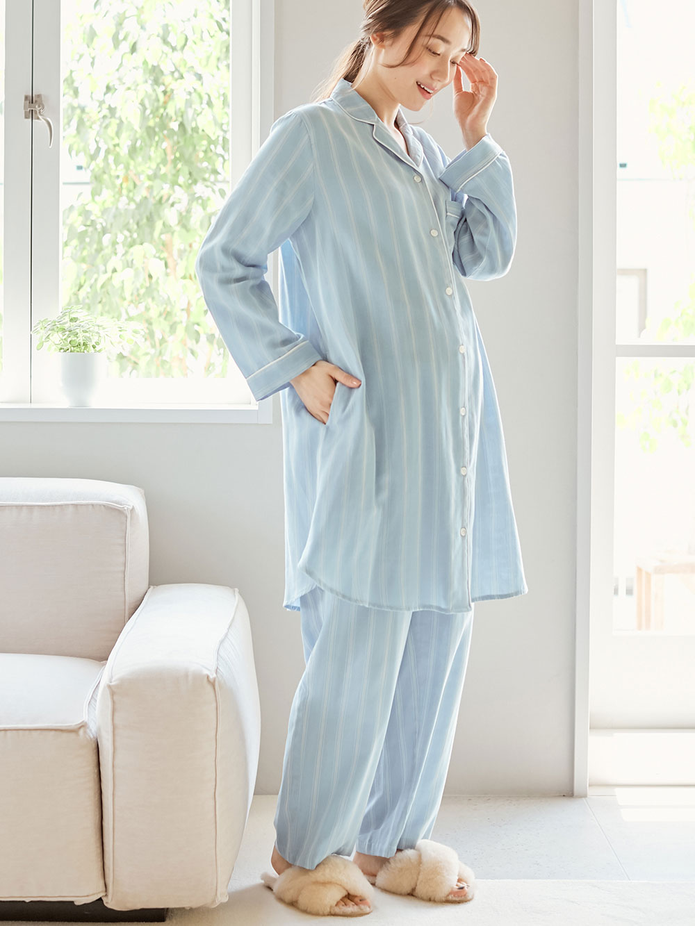 マタニティ パジャマ ルームウェア 授乳しやすい 産前産後対応パンツ付 ストライプダブルガーゼパジャマ マタニティウェア 授乳服通販 エンジェリーベ 公式