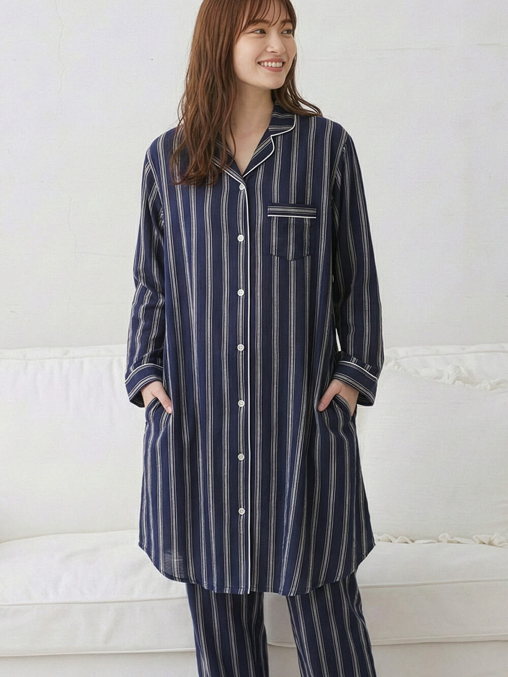 マタニティ パジャマ・ルームウェア|【授乳しやすい】【産前産後対応パンツ付】ストライプダブルガーゼパジャマ|ネイビー×オフホワイト