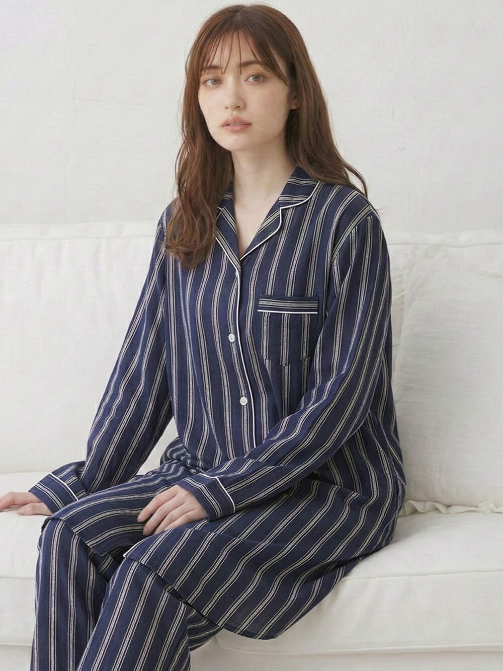 マタニティ パジャマ・ルームウェア|【授乳しやすい】【産前産後対応パンツ付】ストライプダブルガーゼパジャマ|ネイビー×オフホワイト