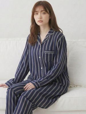 マタニティ パジャマ・ルームウェア|【授乳しやすい】【産前産後対応パンツ付】ストライプダブルガーゼパジャマ|ネイビー×オフホワイト