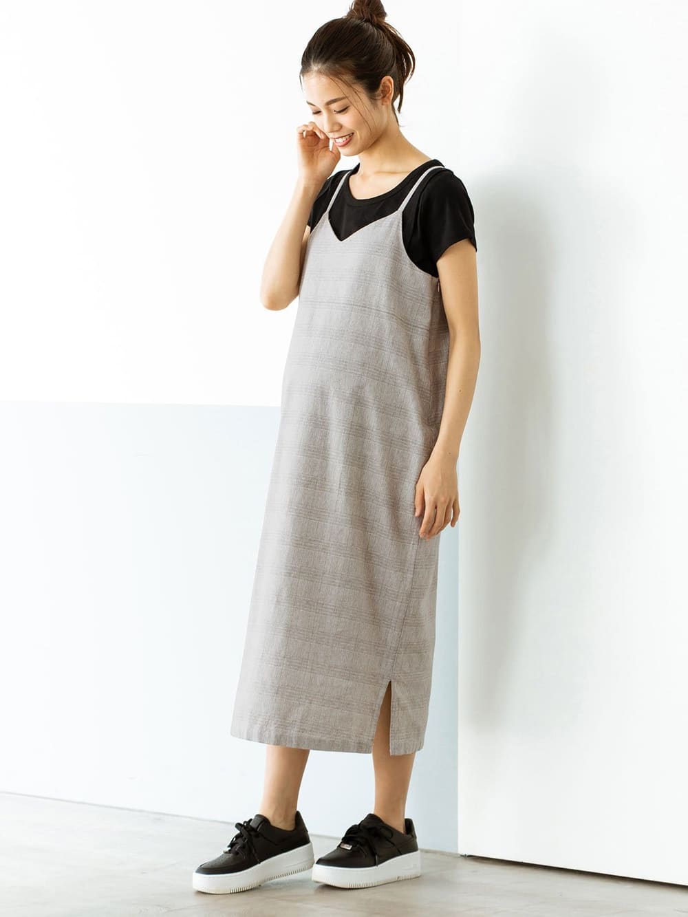 マタニティ ワンピース 授乳口付 リネン混チェックキャミソールワンピース マタニティウェア 授乳服通販 エンジェリーベ 公式