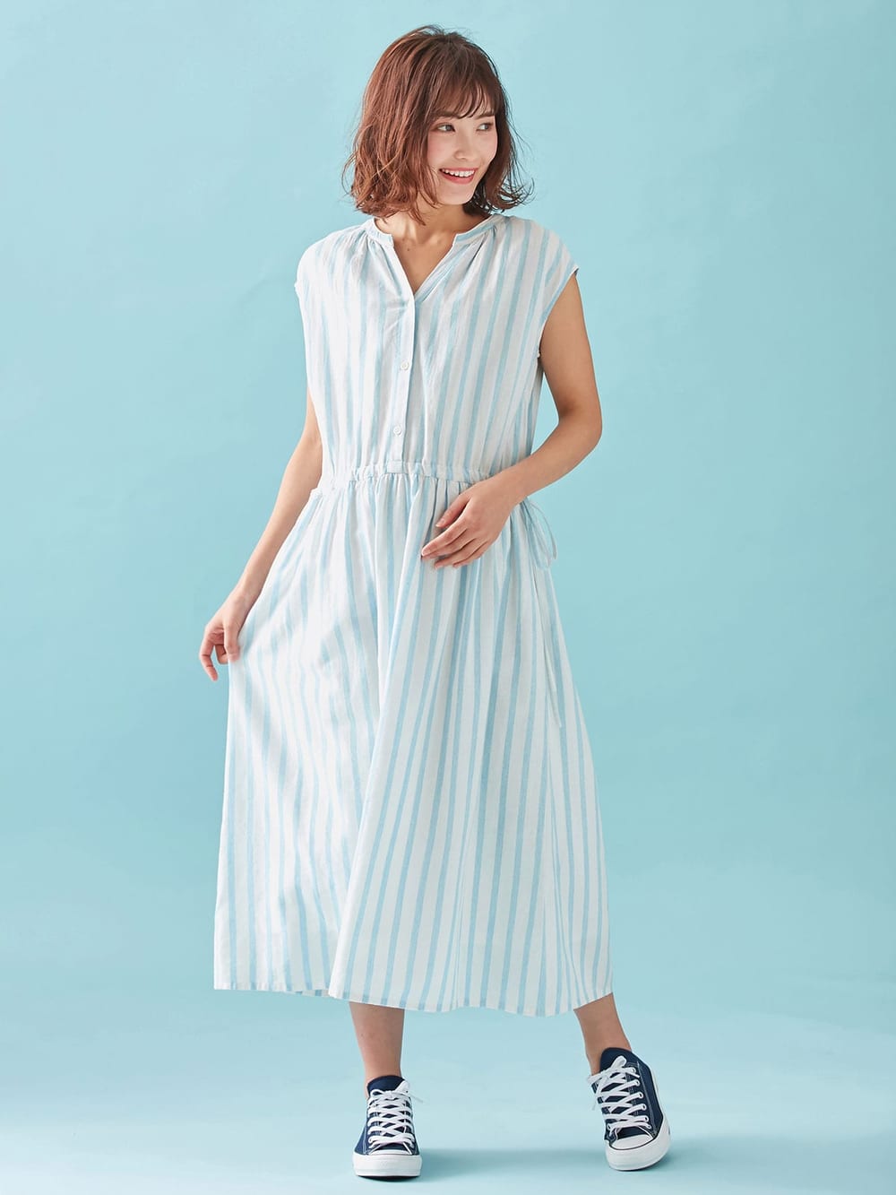 マタニティ ワンピース 授乳しやすい リネン混ストライプウエストリボンワンピース マタニティウェア 授乳服通販 エンジェリーベ 公式