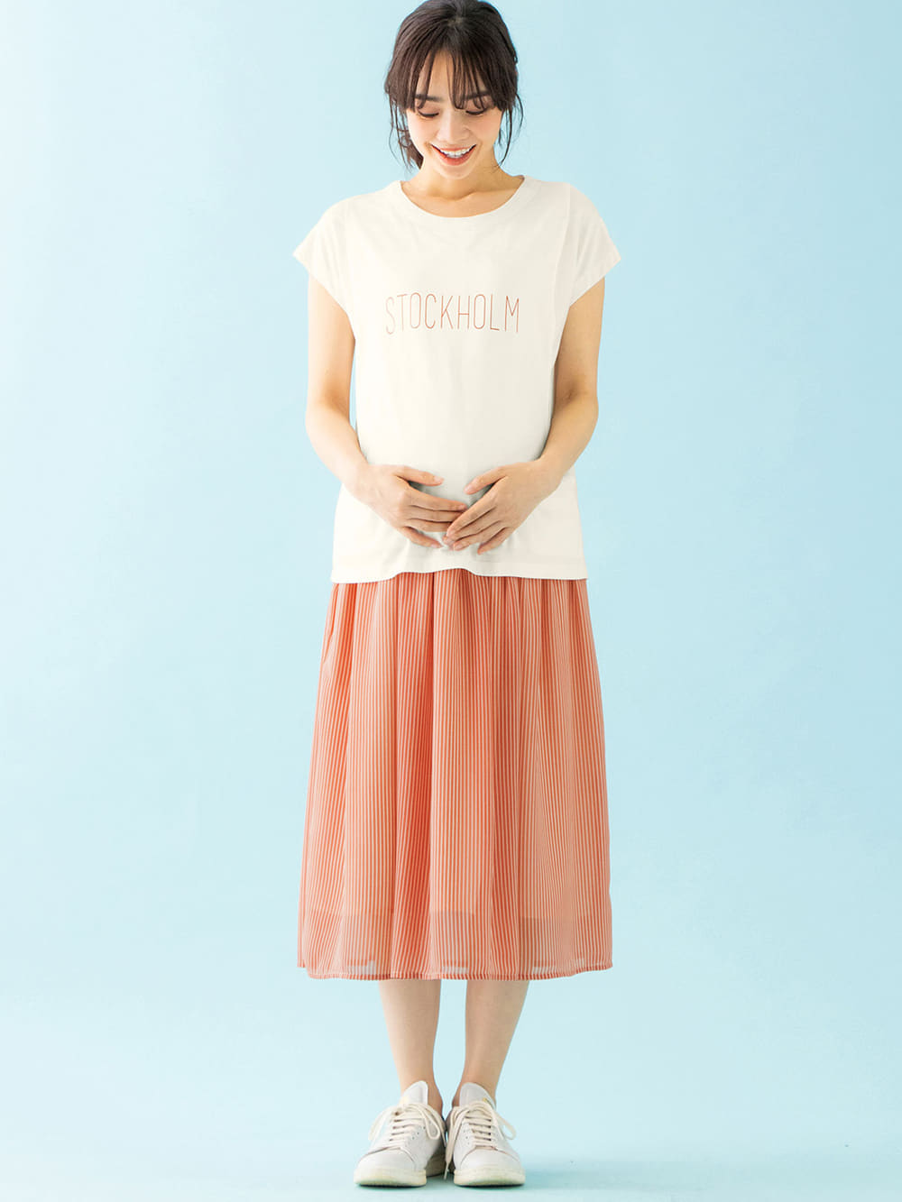 マタニティ スカート|【産前産後対応】シフォンストライプギャザースカート【出産後も長く使える】|ピンク×オフ