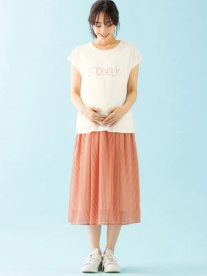 マタニティ スカート|【産前産後対応】シフォンストライプギャザースカート【出産後も長く使える】|ピンク×オフ