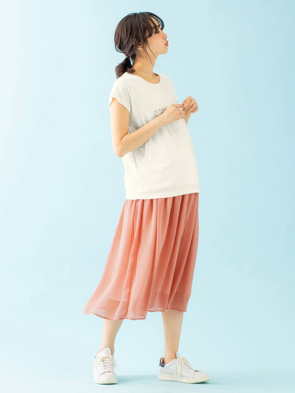 マタニティ スカート|【産前産後対応】シフォンストライプギャザースカート【出産後も長く使える】|ピンク×オフ