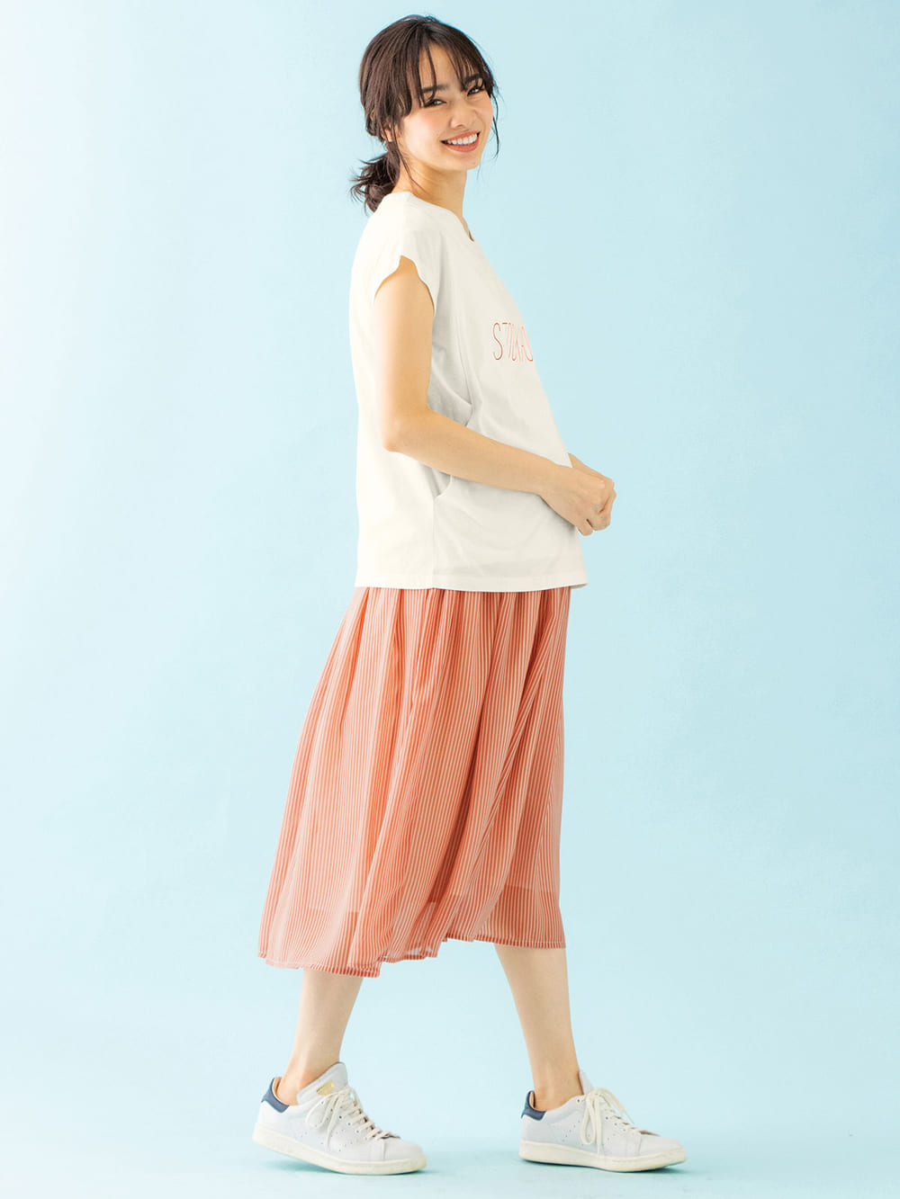 マタニティ スカート|【産前産後対応】シフォンストライプギャザースカート【出産後も長く使える】|ピンク×オフ