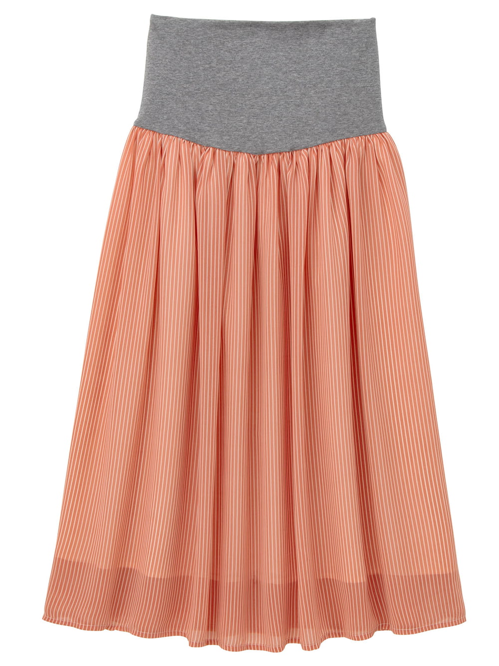 マタニティ スカート|【産前産後対応】シフォンストライプギャザースカート【出産後も長く使える】|ピンク×オフ