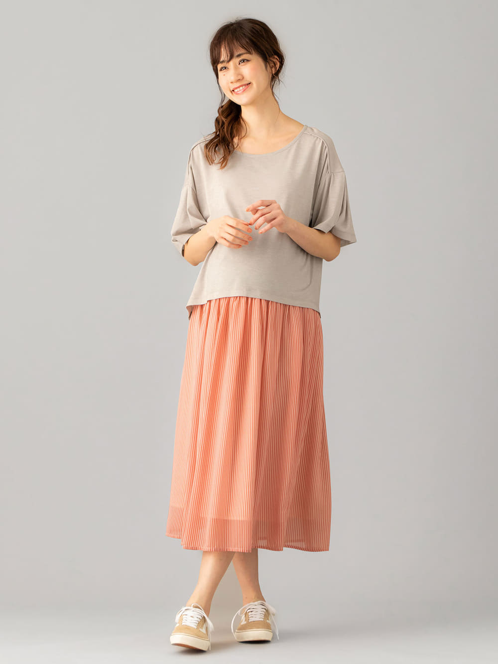 マタニティ スカート|【産前産後対応】シフォンストライプギャザースカート【出産後も長く使える】|ピンク×オフ
