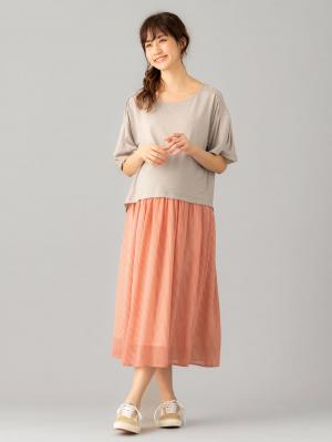 マタニティ スカート|【産前産後対応】シフォンストライプギャザースカート【出産後も長く使える】|ピンク×オフ