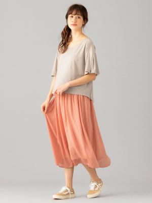 マタニティ スカート|【産前産後対応】シフォンストライプギャザースカート【出産後も長く使える】|ピンク×オフ