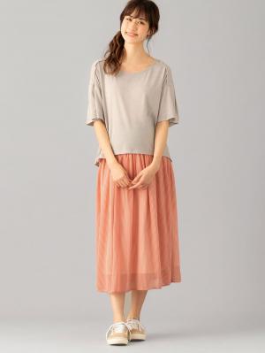 マタニティ スカート|【産前産後対応】シフォンストライプギャザースカート【出産後も長く使える】|ピンク×オフ