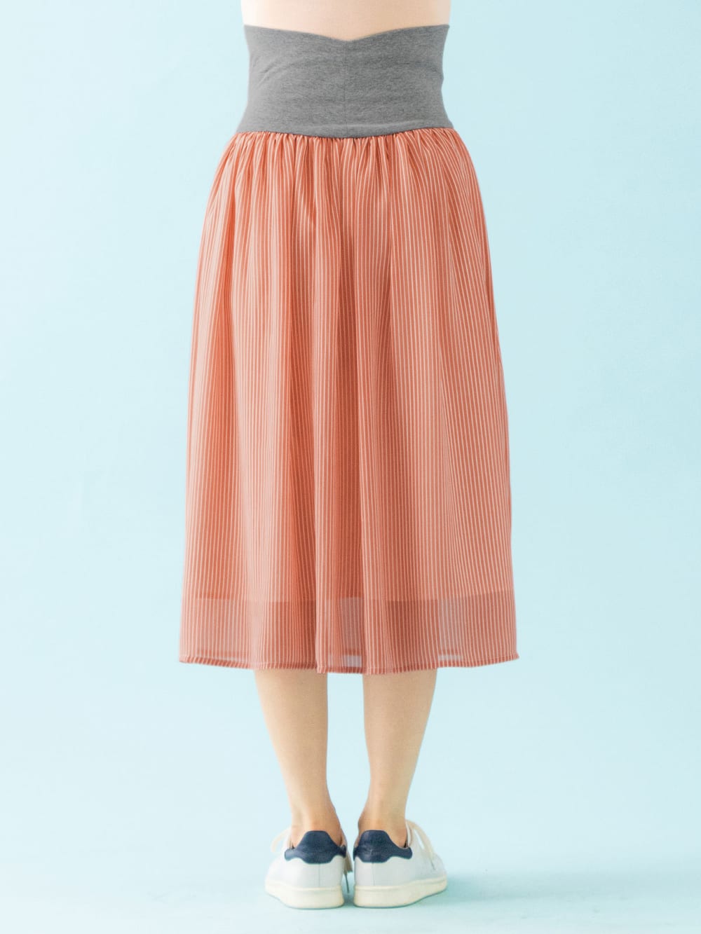 マタニティ スカート|【産前産後対応】シフォンストライプギャザースカート【出産後も長く使える】