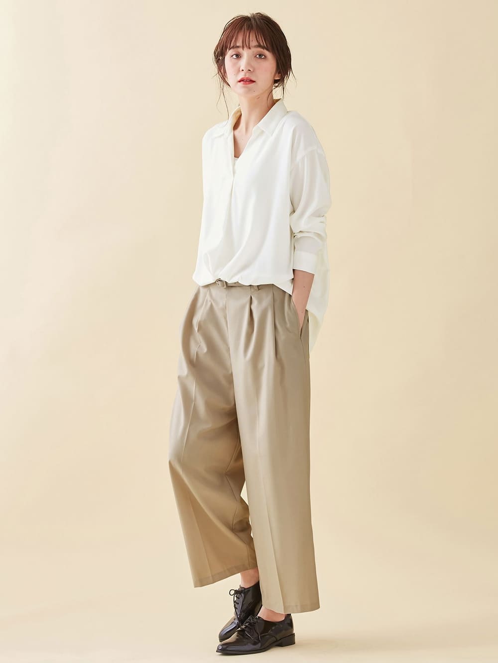 マタニティ パンツ|【産前産後対応】ベルト付きワイドパンツ【出産後も長く使える】|ベージュ