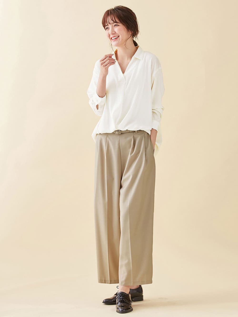 マタニティ パンツ|【産前産後対応】ベルト付きワイドパンツ【出産後も長く使える】|ベージュ