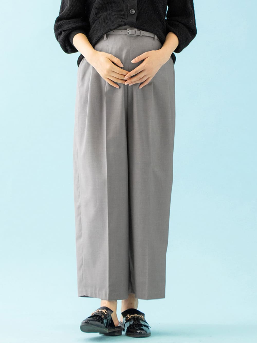 マタニティ パンツ|【産前産後対応】ベルト付きワイドパンツ【出産後も長く使える】|杢グレー