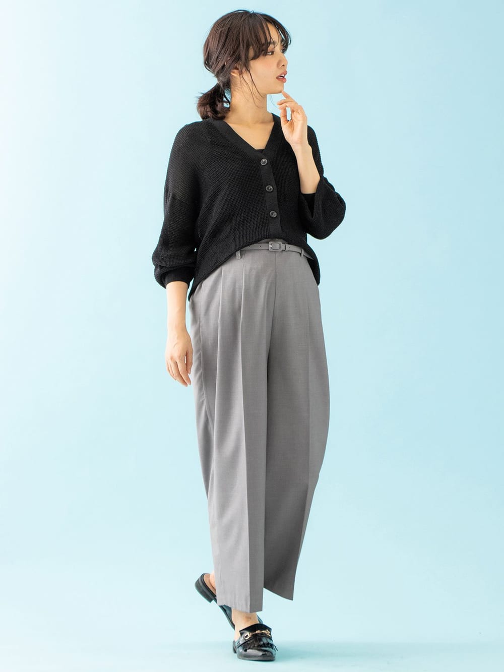 マタニティ パンツ|【産前産後対応】ベルト付きワイドパンツ【出産後も長く使える】|杢グレー