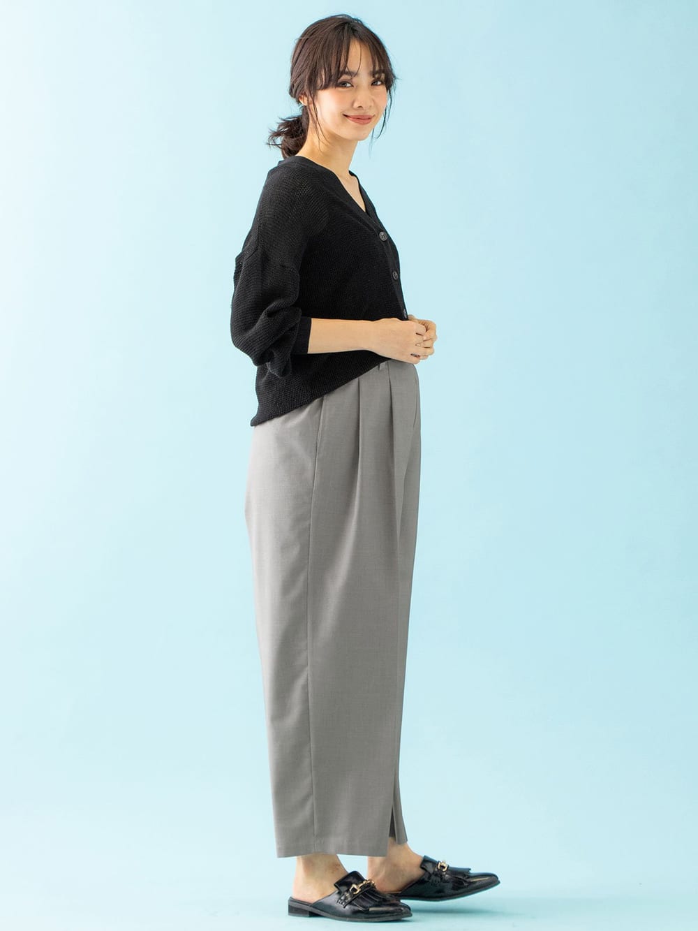 マタニティ パンツ|【産前産後対応】ベルト付きワイドパンツ【出産後も長く使える】|杢グレー