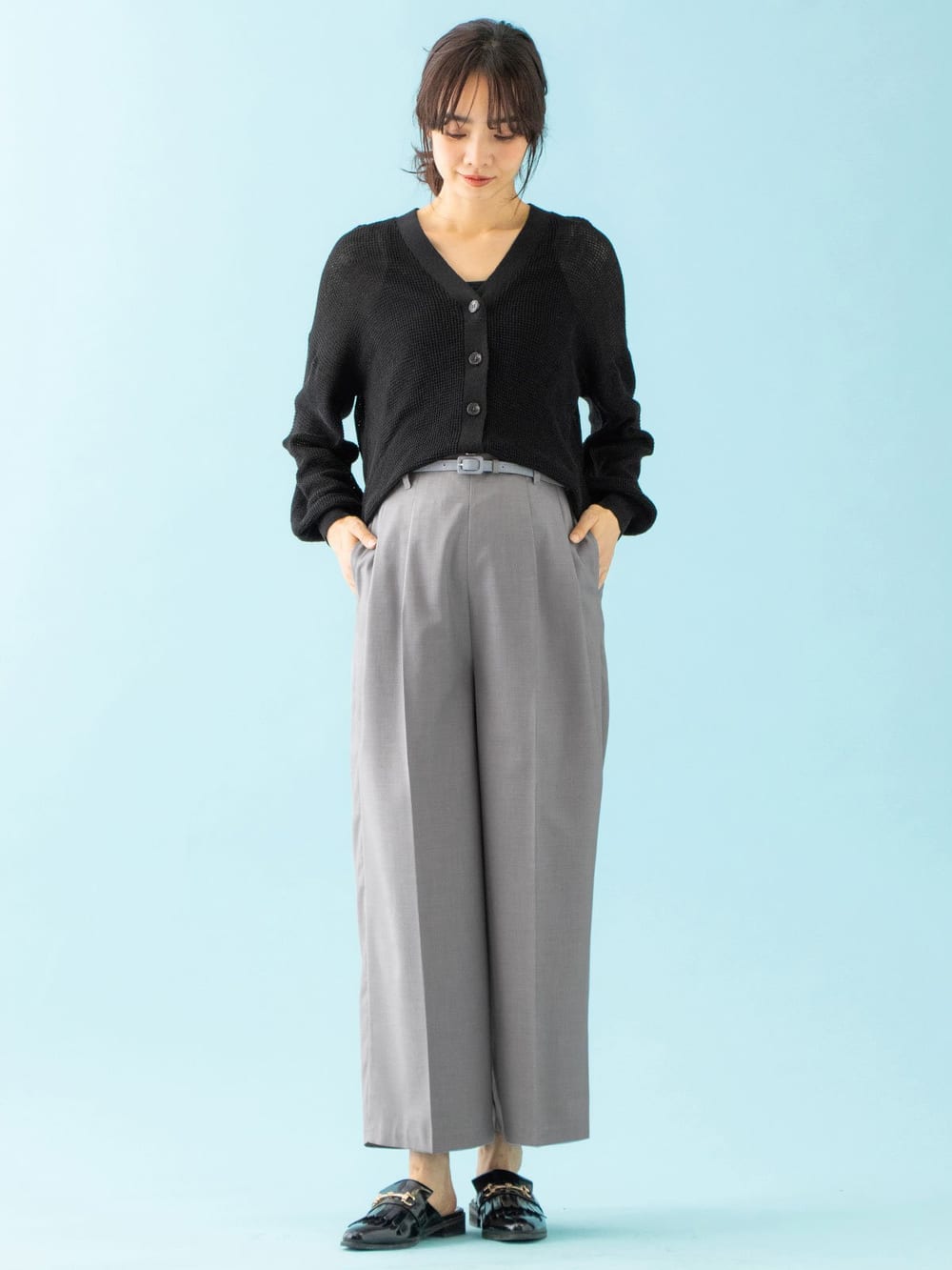 マタニティ パンツ|【産前産後対応】ベルト付きワイドパンツ【出産後も長く使える】|杢グレー