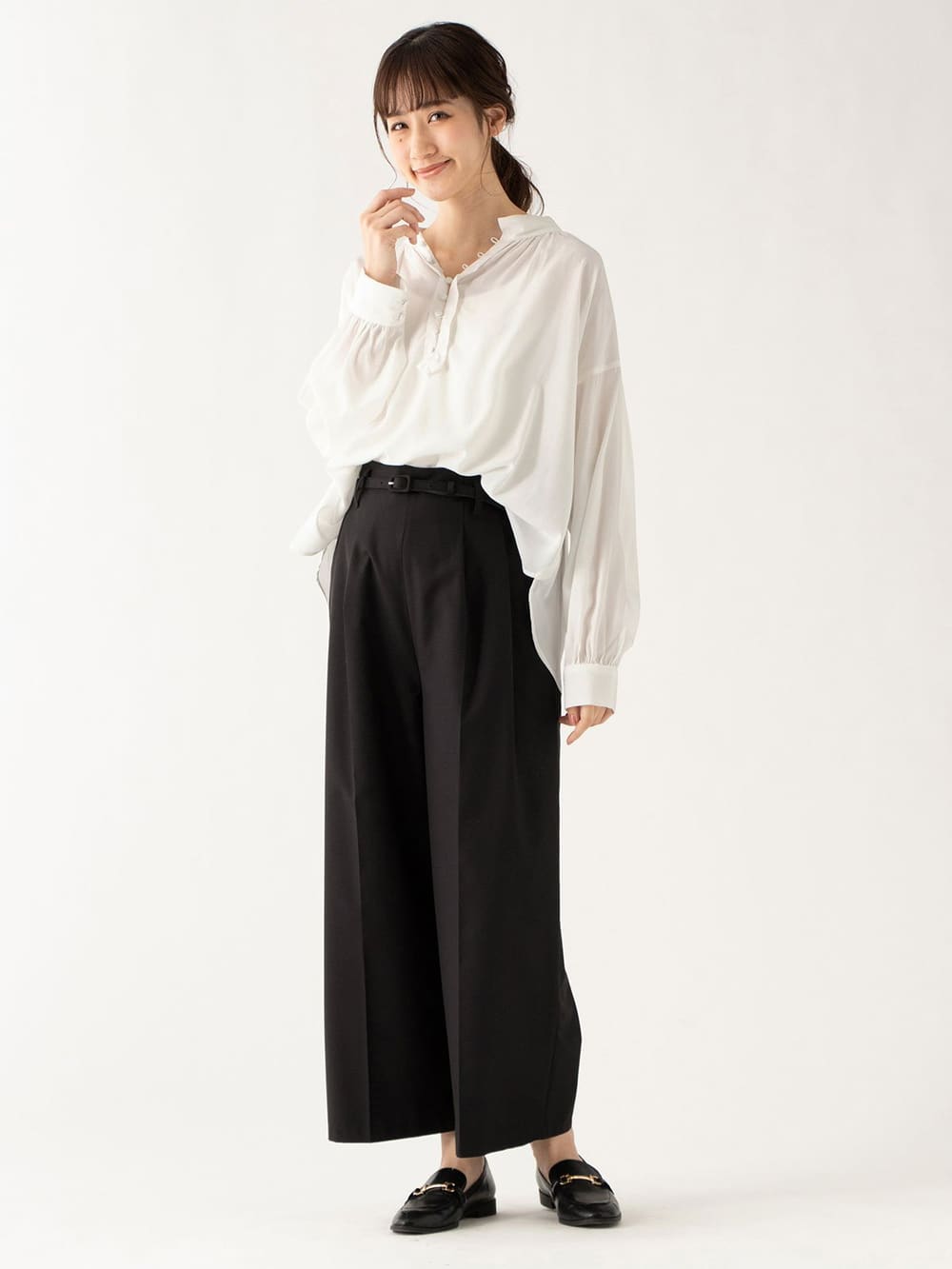 マタニティ パンツ|【産前産後対応】ベルト付きワイドパンツ【出産後も長く使える】|ブラック