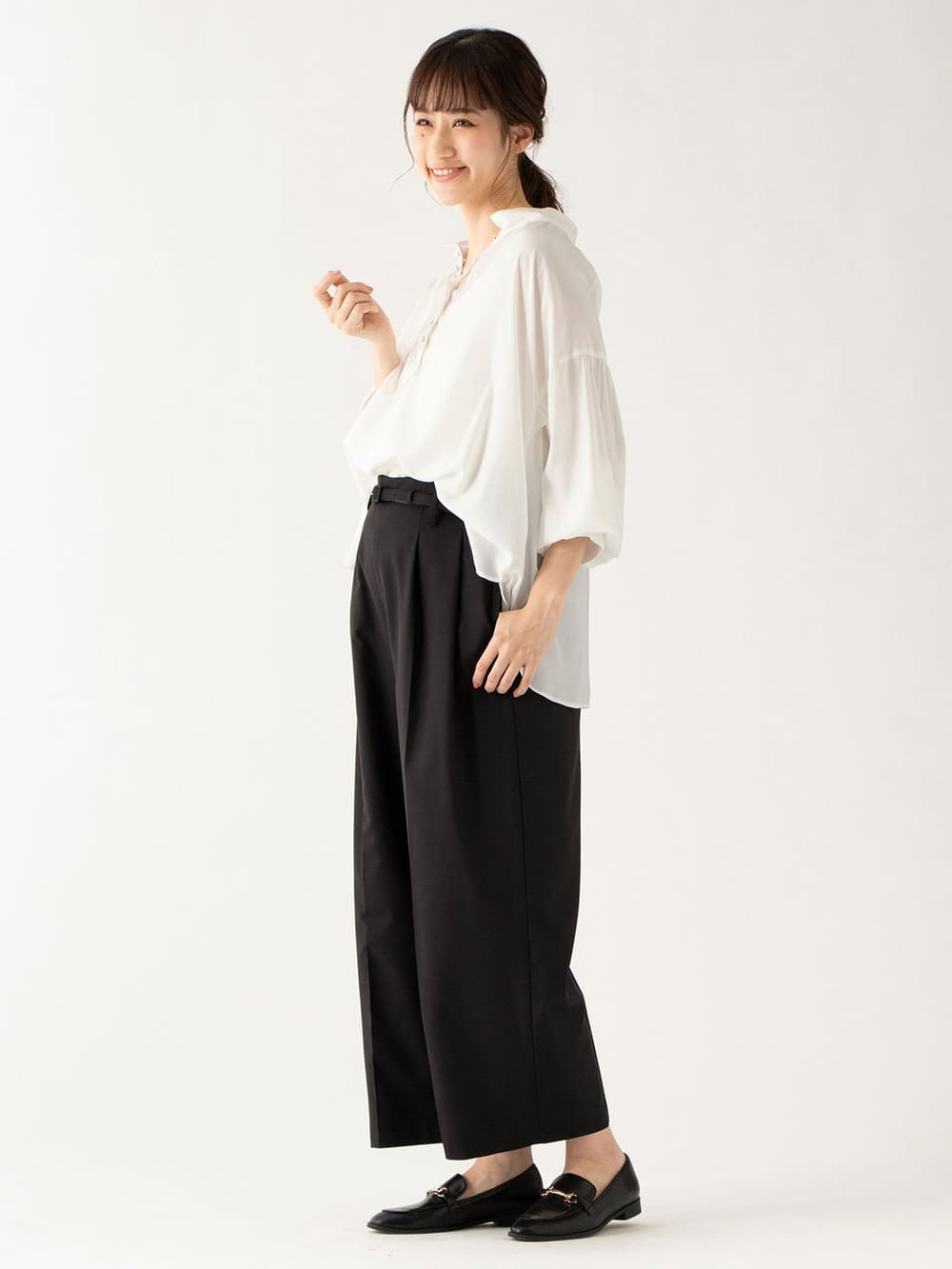 マタニティ パンツ|【産前産後対応】ベルト付きワイドパンツ【出産後も長く使える】|ブラック