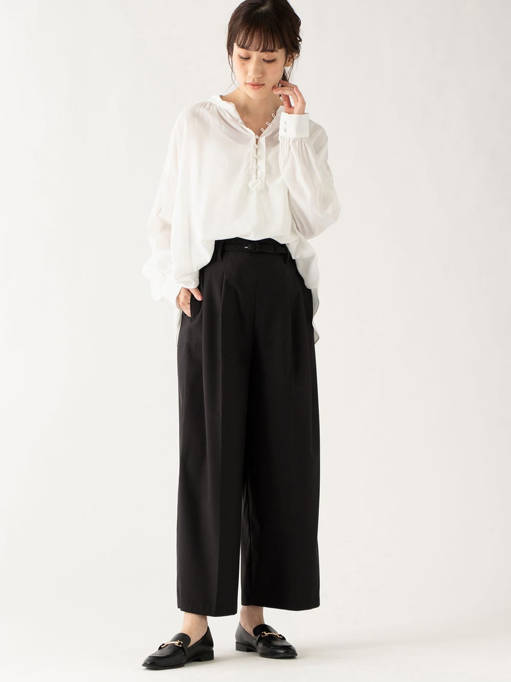 マタニティ パンツ|【産前産後対応】ベルト付きワイドパンツ【出産後も長く使える】|ブラック