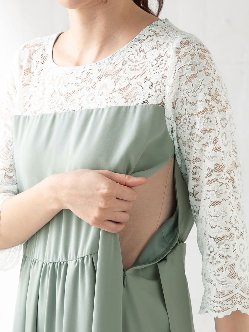 マタニティ ワンピース 授乳口付 ジョーゼット レース切替リボンワンピース マタニティウェア 授乳服通販 エンジェリーベ 公式