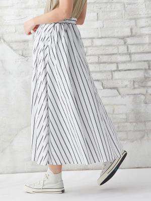 マタニティ スカート|【産前産後対応】マルチストライプたっぷりギャザースカート【出産後も長く使える】|オフ×ネイビー