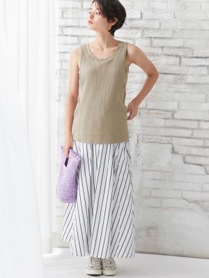 マタニティ スカート|【産前産後対応】マルチストライプたっぷりギャザースカート【出産後も長く使える】|オフ×ネイビー