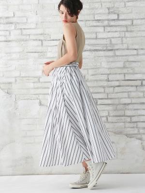 マタニティ スカート|【産前産後対応】マルチストライプたっぷりギャザースカート【出産後も長く使える】|オフ×ネイビー