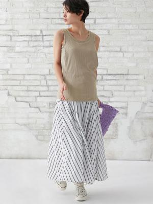 マタニティ スカート|【産前産後対応】マルチストライプたっぷりギャザースカート【出産後も長く使える】|オフ×ネイビー