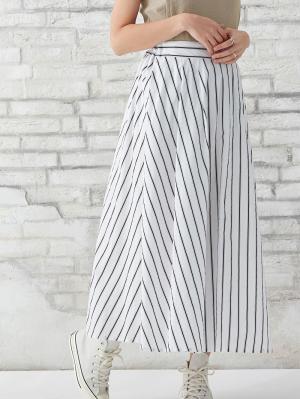 マタニティ スカート|【産前産後対応】マルチストライプたっぷりギャザースカート【出産後も長く使える】|オフ×ネイビー