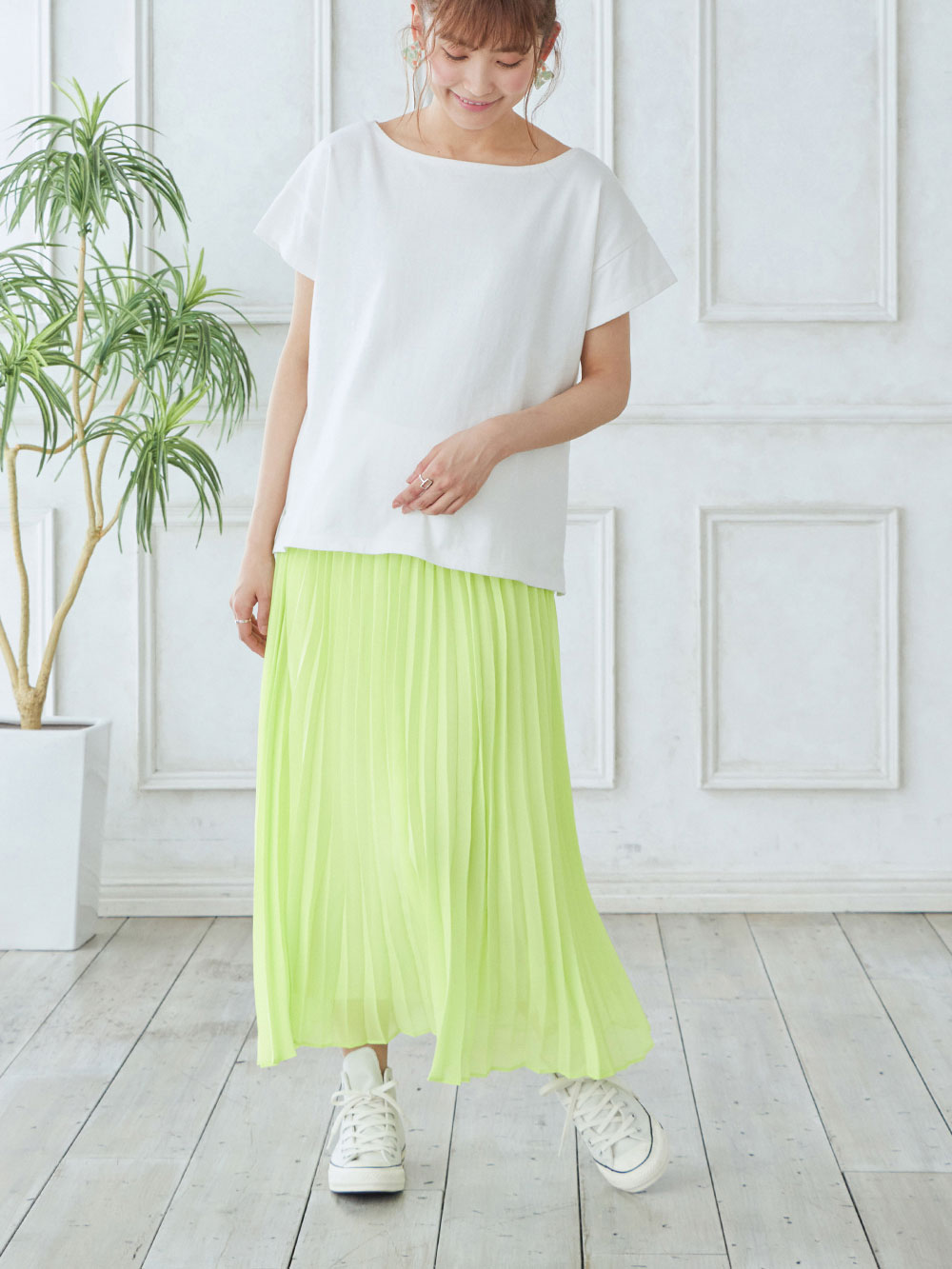 マタニティ スカート|【産前産後対応】シフォンプリーツスカート【出産後も長く使える】|イエローグリーン