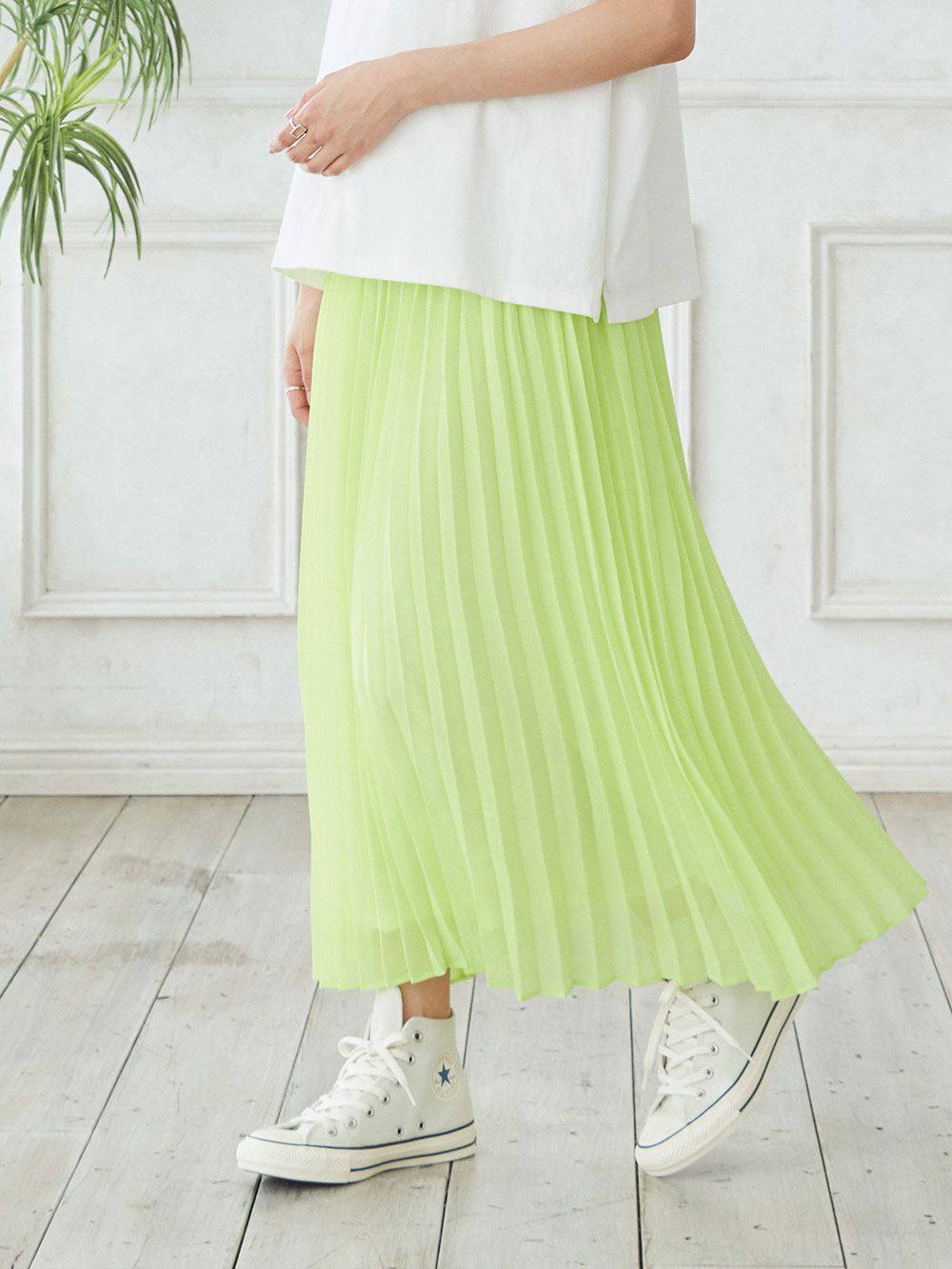マタニティ スカート|【産前産後対応】シフォンプリーツスカート【出産後も長く使える】|イエローグリーン