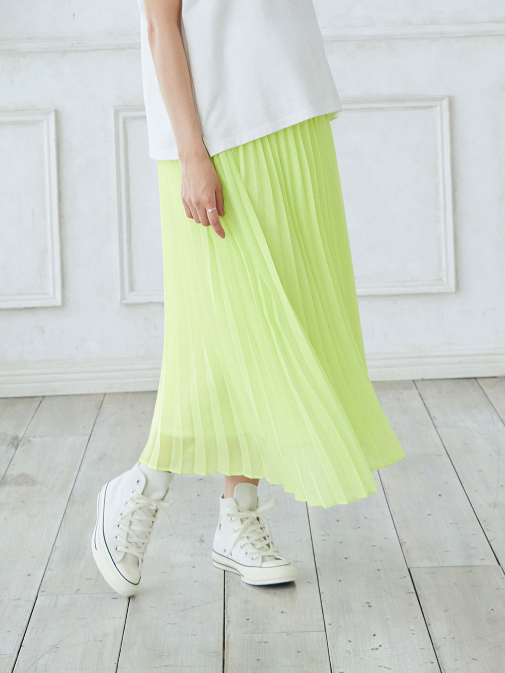マタニティ スカート|【産前産後対応】シフォンプリーツスカート【出産後も長く使える】|イエローグリーン