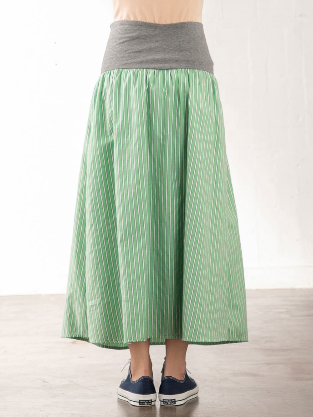 マタニティ スカート|【産前産後対応】ブロードストライプギャザースカート【出産後も長く使える】