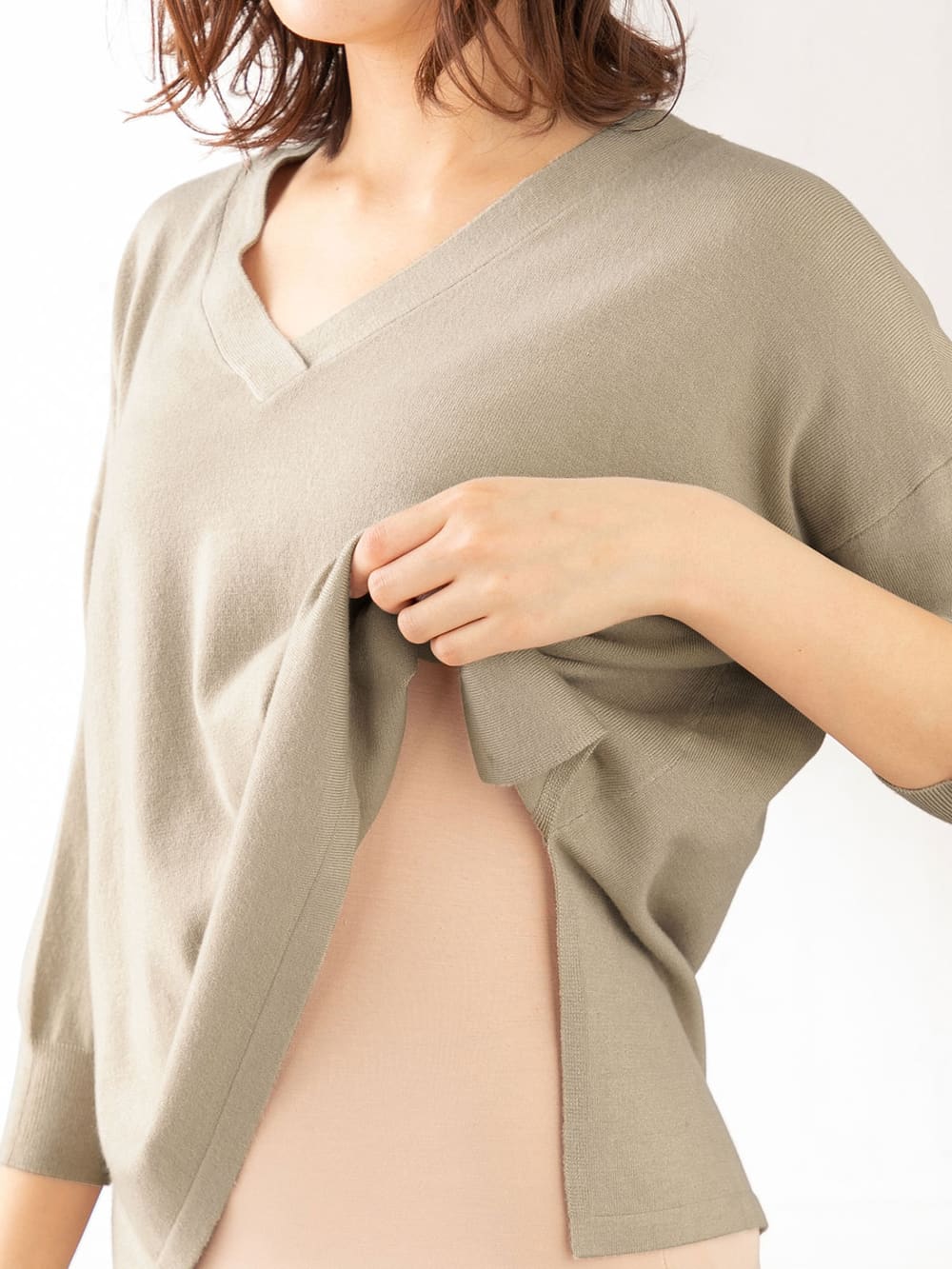 マタニティ トップス|サイドスリット入りVネックニット マタニティ・授乳服【出産後も長く使える】