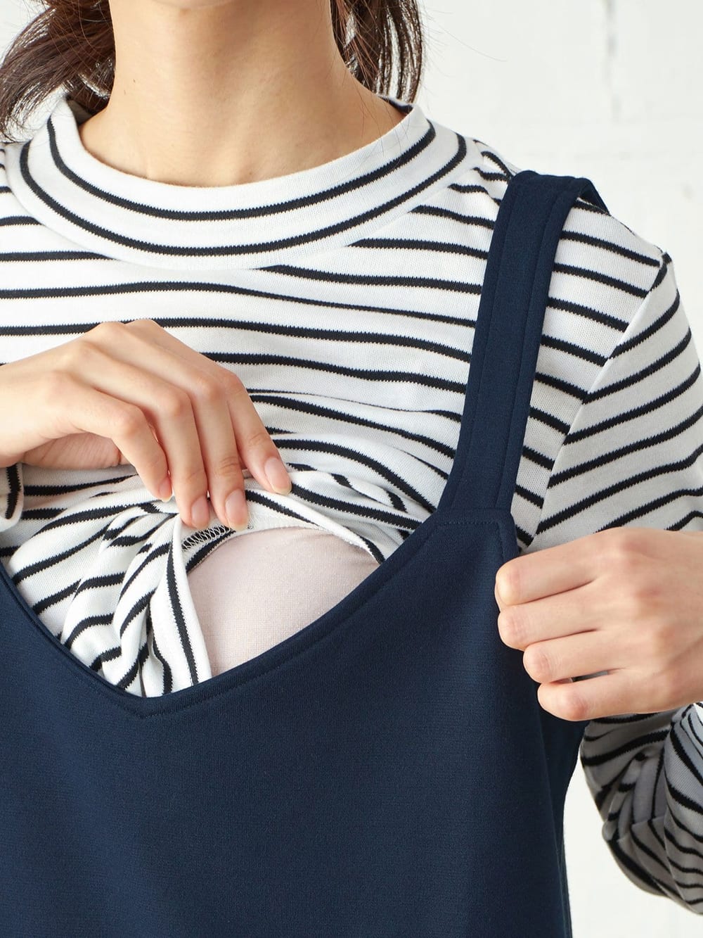 マタニティ ワンピース | 【出産後も長く使える】ain（アイン）ジャンスカフェイクワンピース マタニティ・授乳服 ｜マタニティウェア・授乳服通販｜  エンジェリーベ 公式