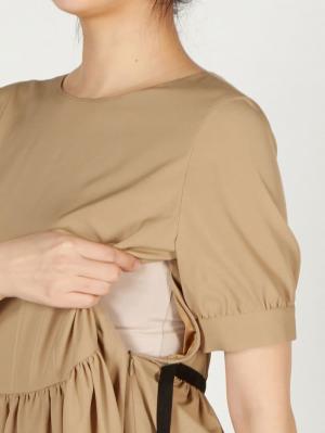 マタニティ ワンピース|【マタニティ・授乳服】ウエスト切り替え半袖ロングワンピース（ブラックリボン付き）【出産後も長く使える】