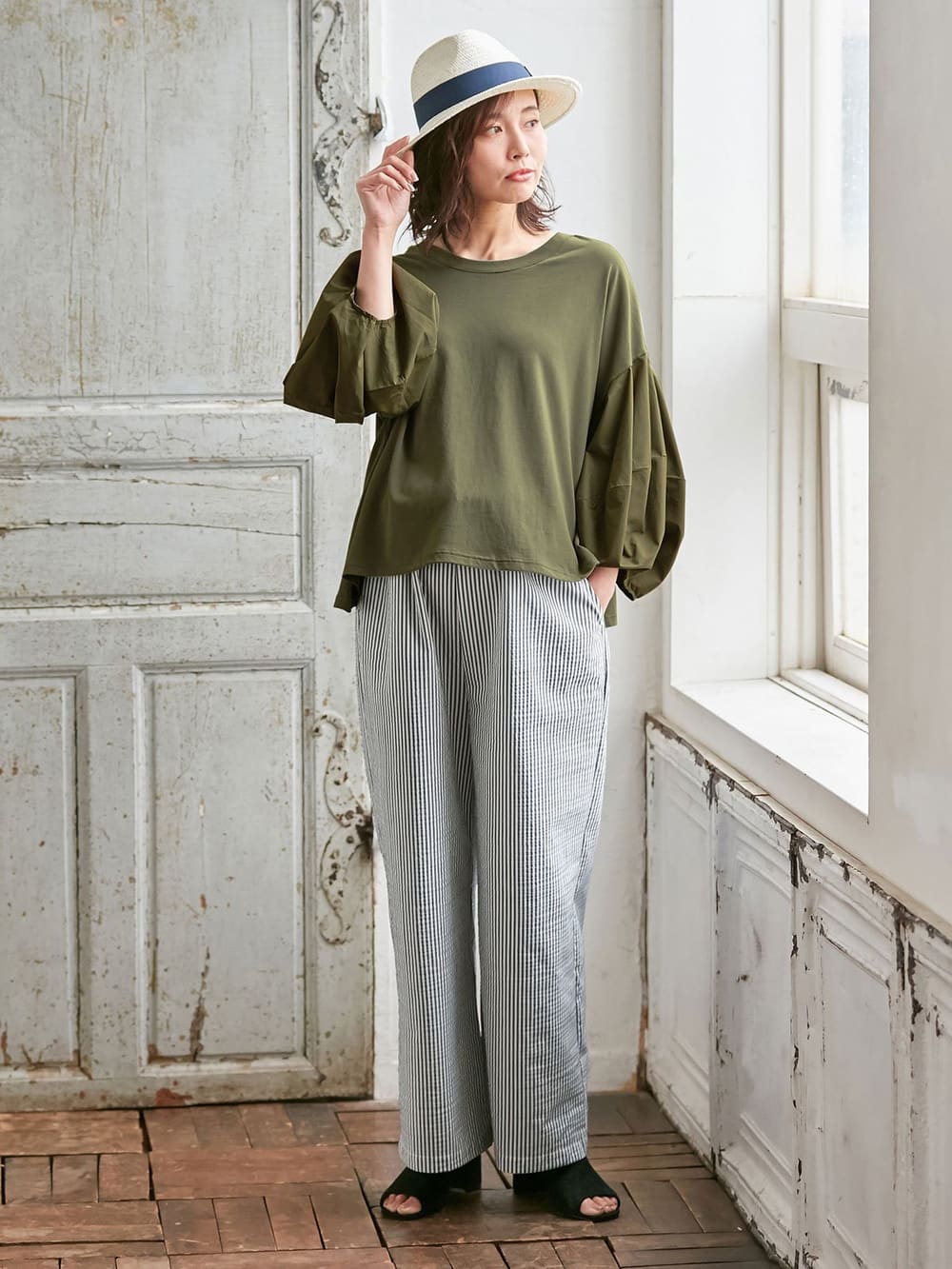 マタニティ トップス|ボリュームスリーブ異素材プルオーバー　マタニティ・授乳服【出産後も長く使える】|カーキ