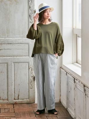 マタニティ トップス|ボリュームスリーブ異素材プルオーバー　マタニティ・授乳服【出産後も長く使える】|カーキ