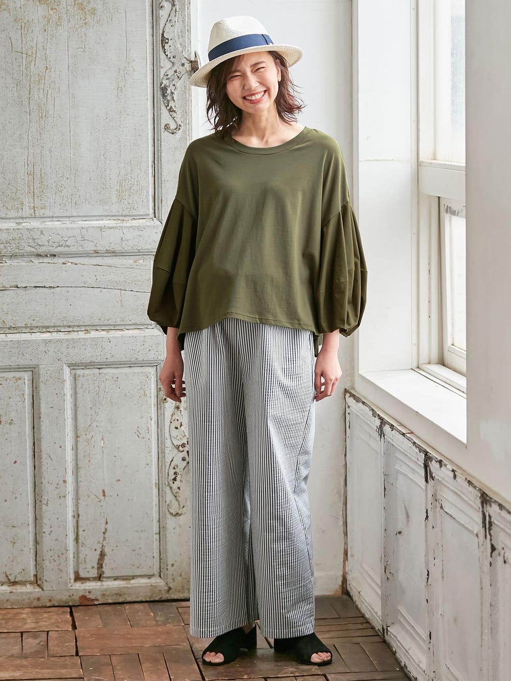 マタニティ トップス|ボリュームスリーブ異素材プルオーバー　マタニティ・授乳服【出産後も長く使える】|カーキ