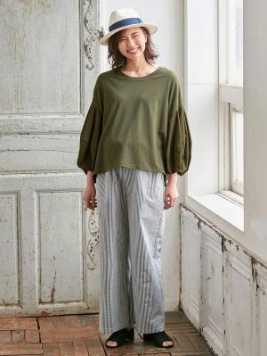 マタニティ トップス|ボリュームスリーブ異素材プルオーバー　マタニティ・授乳服【出産後も長く使える】|カーキ