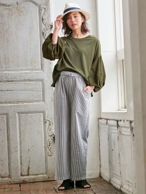 マタニティ トップス|ボリュームスリーブ異素材プルオーバー　マタニティ・授乳服【出産後も長く使える】|カーキ