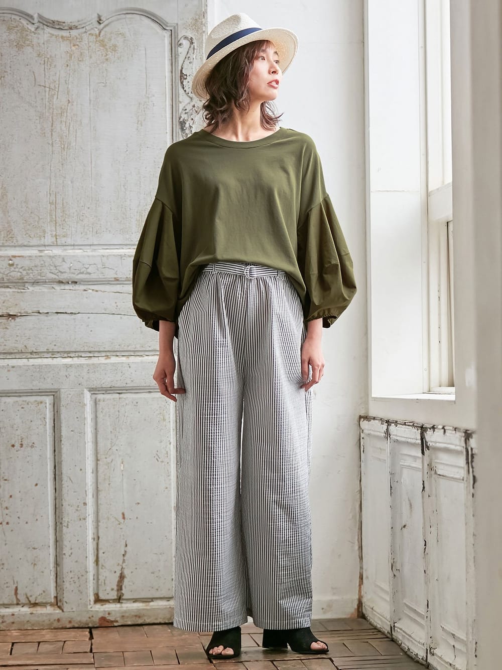 マタニティ トップス|ボリュームスリーブ異素材プルオーバー　マタニティ・授乳服【出産後も長く使える】|カーキ