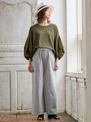 マタニティ トップス|ボリュームスリーブ異素材プルオーバー　マタニティ・授乳服【出産後も長く使える】|カーキ