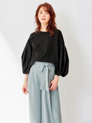 マタニティ トップス|ボリュームスリーブ異素材プルオーバー　マタニティ・授乳服【出産後も長く使える】|ブラック